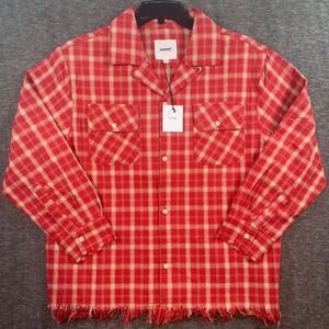 Free People x FOUND Raw-Cut Fringe Red Plaid Camp Shirt Red Button Womens S NEW